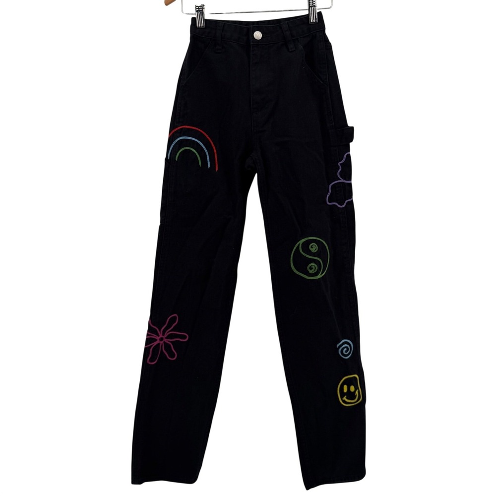 PacSun 90s BF Carpenter Jeans Women 22 Black Embroidered Rainbow Butterfly Indie
